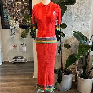 Etro Red Ribbed Knit Skirt Set with Multicolor Trim